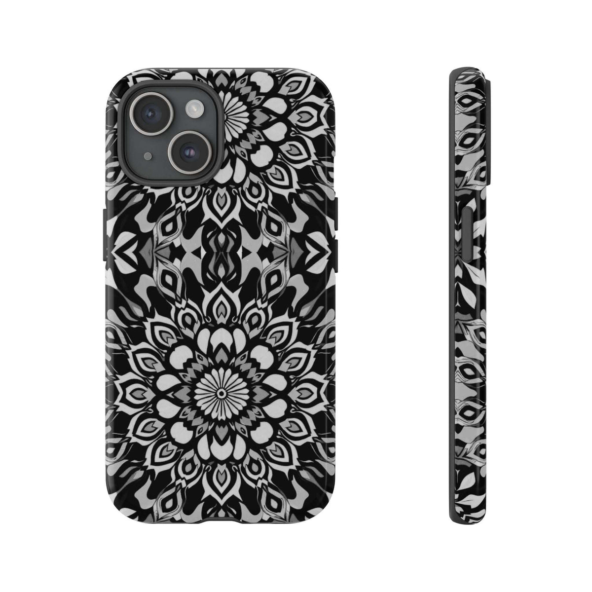 Mandala phone case with black-and-white floral mandala pattern and dark camera module