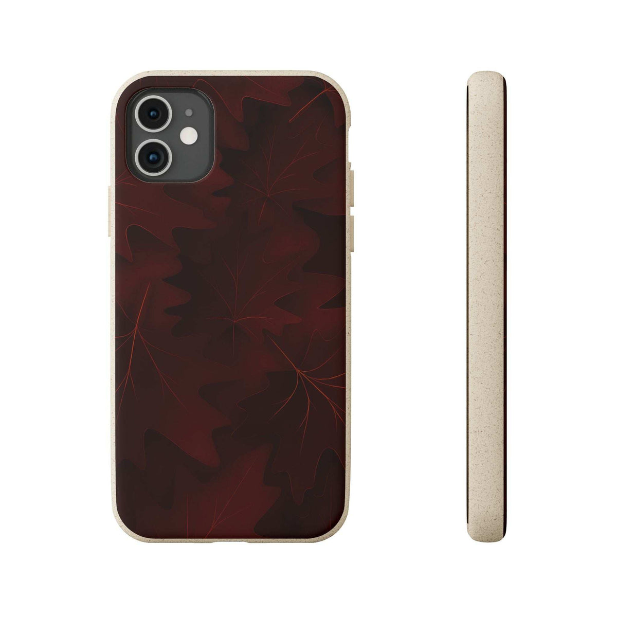 Dark red autumn leaf phone case with triple camera cutout and raised bezel; side profile.
