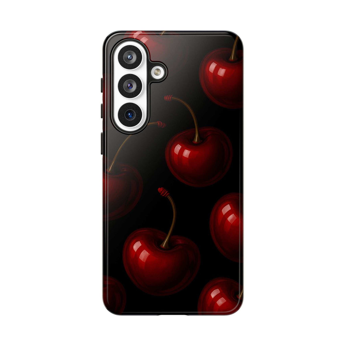 Glossy phone case featuring red cherries, camera cutout and side button access
