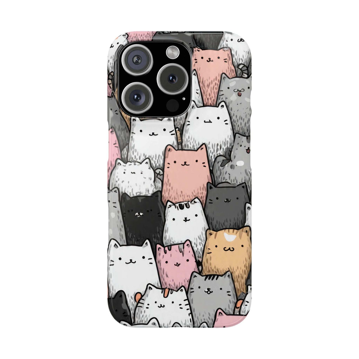 iPhone 11-17 cat patterned phone case showing camera cutouts and pastel cat faces