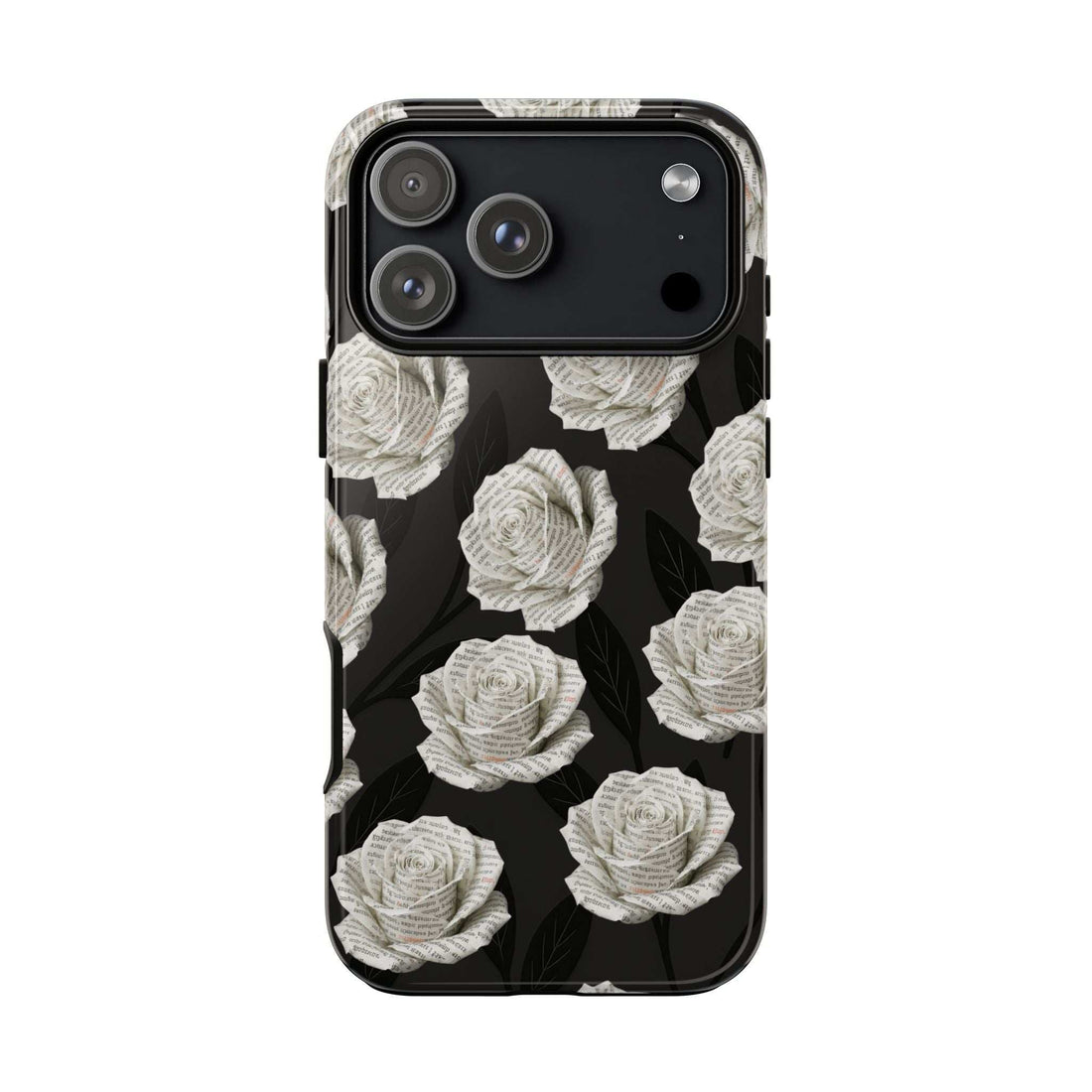 Phone case with black background and white rose pattern, dual lens and camera cutouts