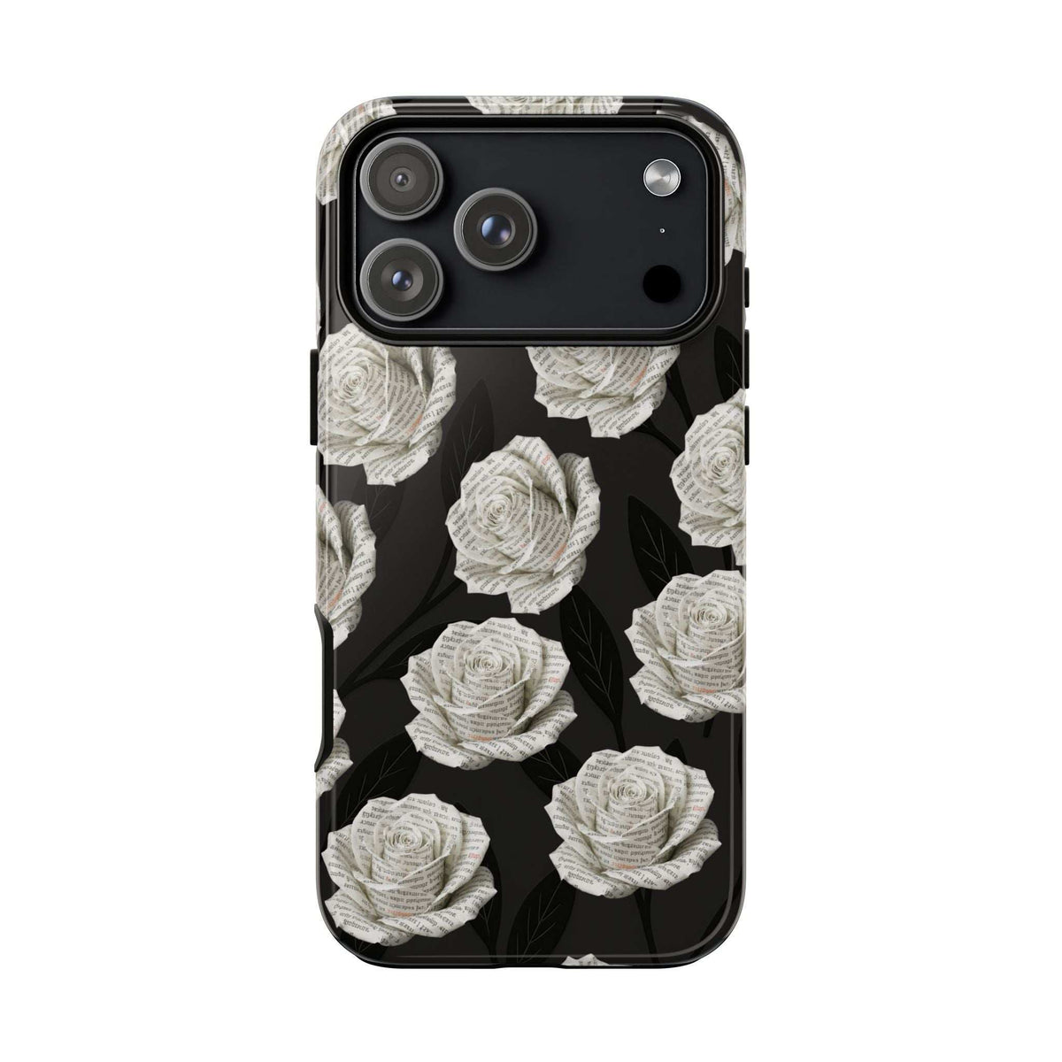 Phone case with black background and white rose pattern, dual lens and camera cutouts