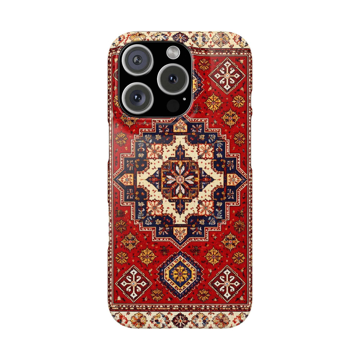 Armenian carpet patterned phone case with red, blue, and gold motif; camera cutouts.