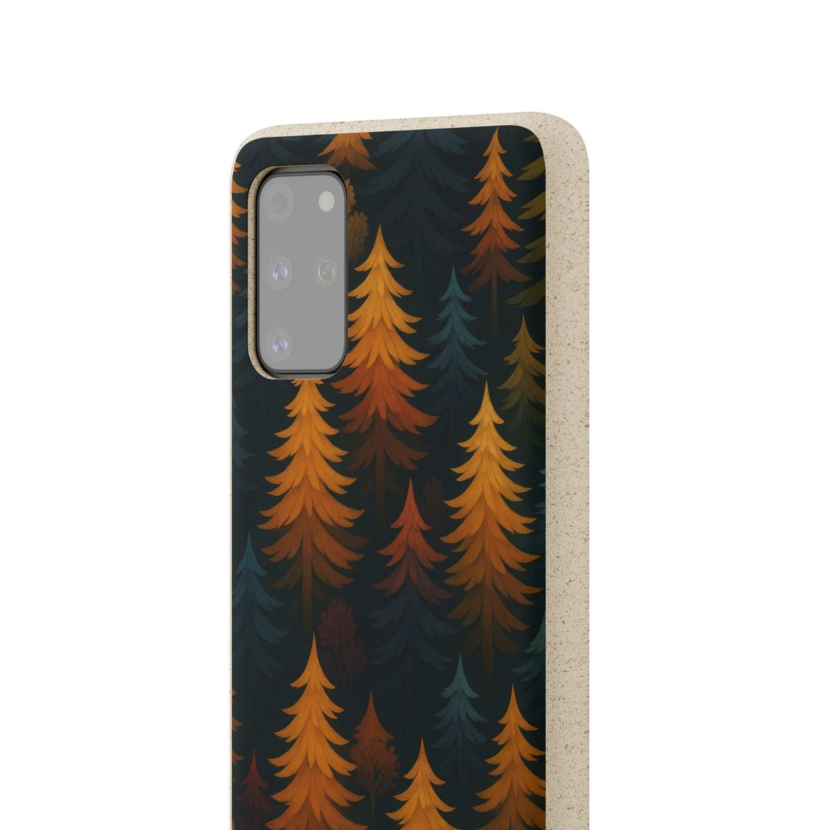 Back of biodegradable phone case with orange pine tree pattern and camera cutout