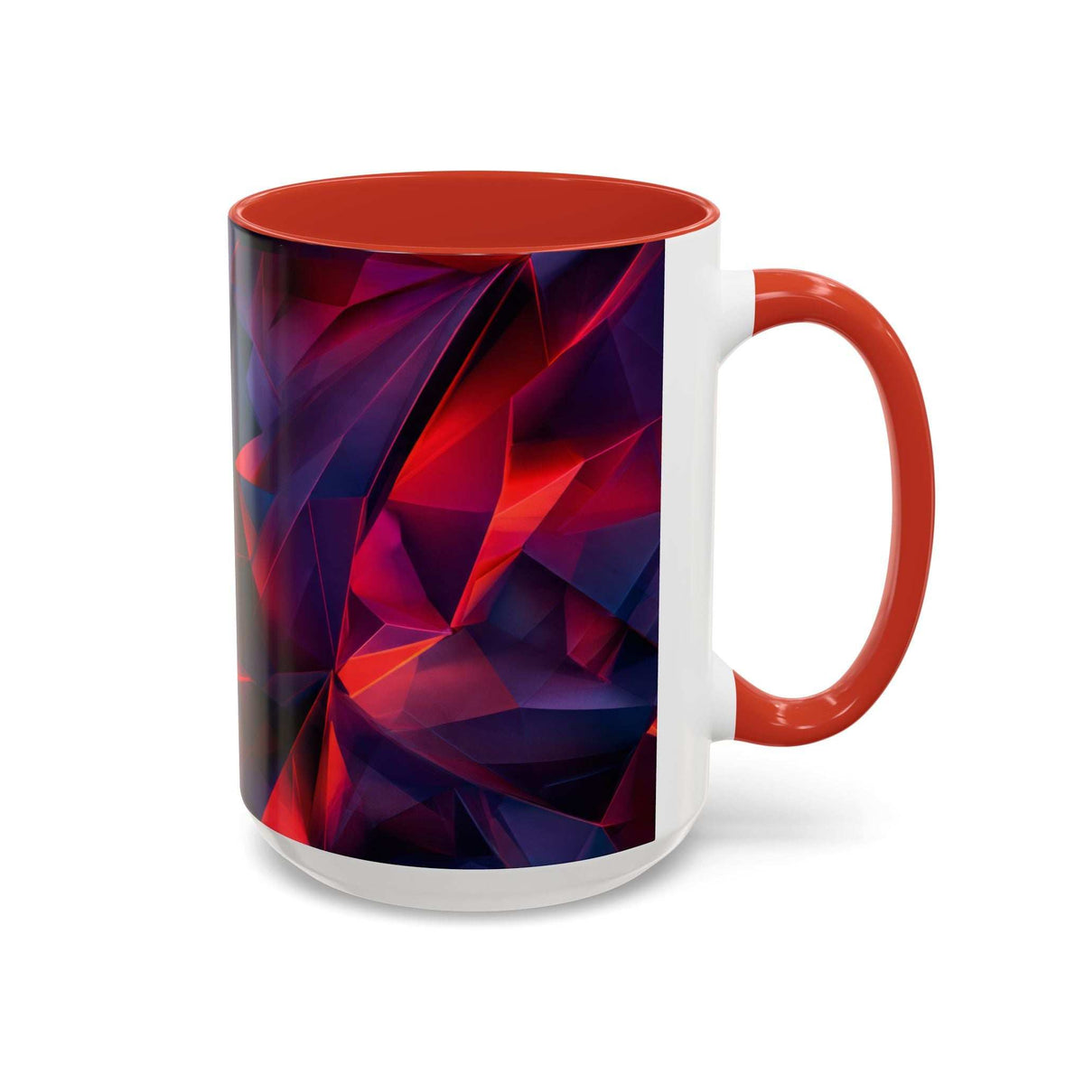 Ceramic mug with orange rim and right-side handle, white body with red and blue geometric print