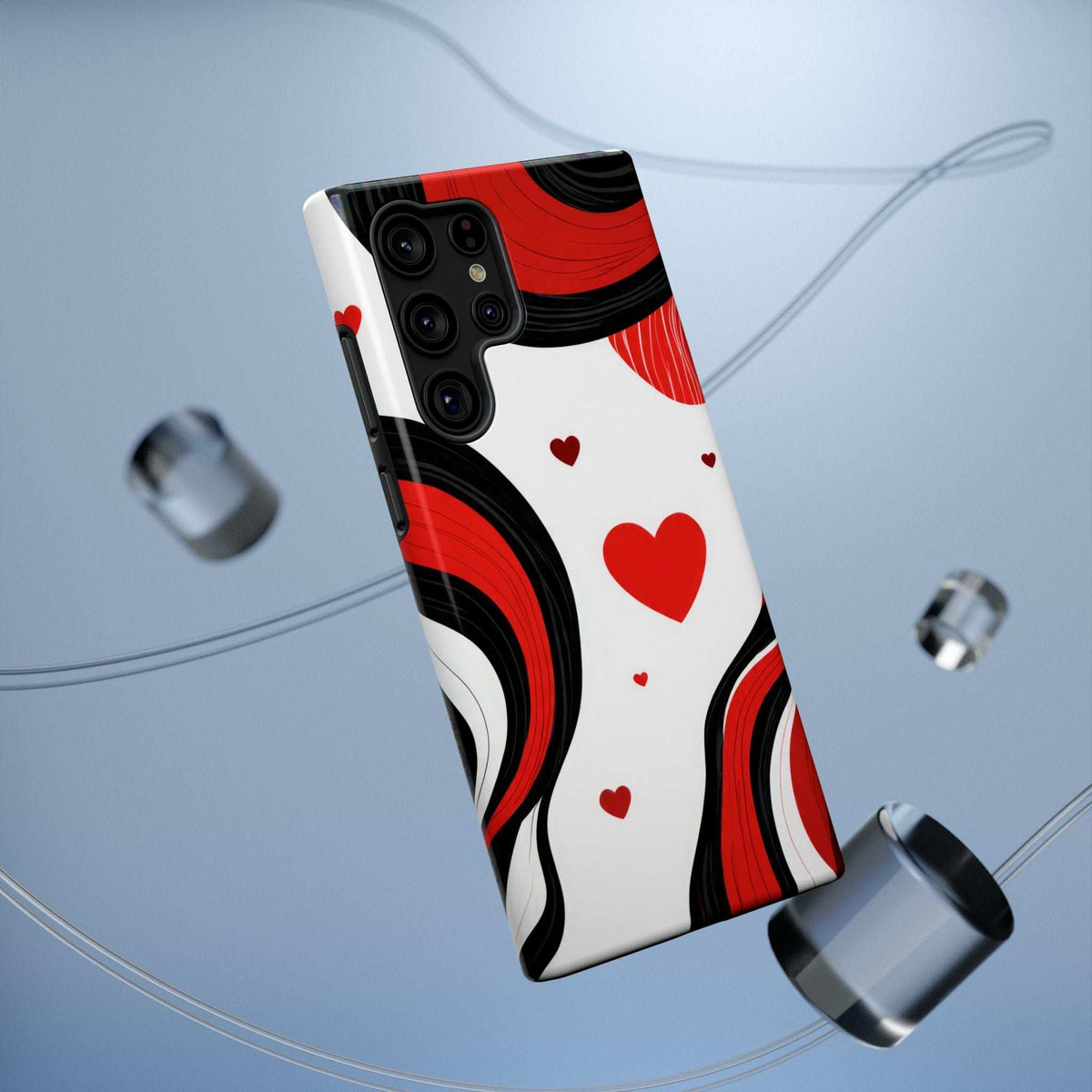 Glossy phone case angled view with red hearts and swirl waves in red, black, and white.