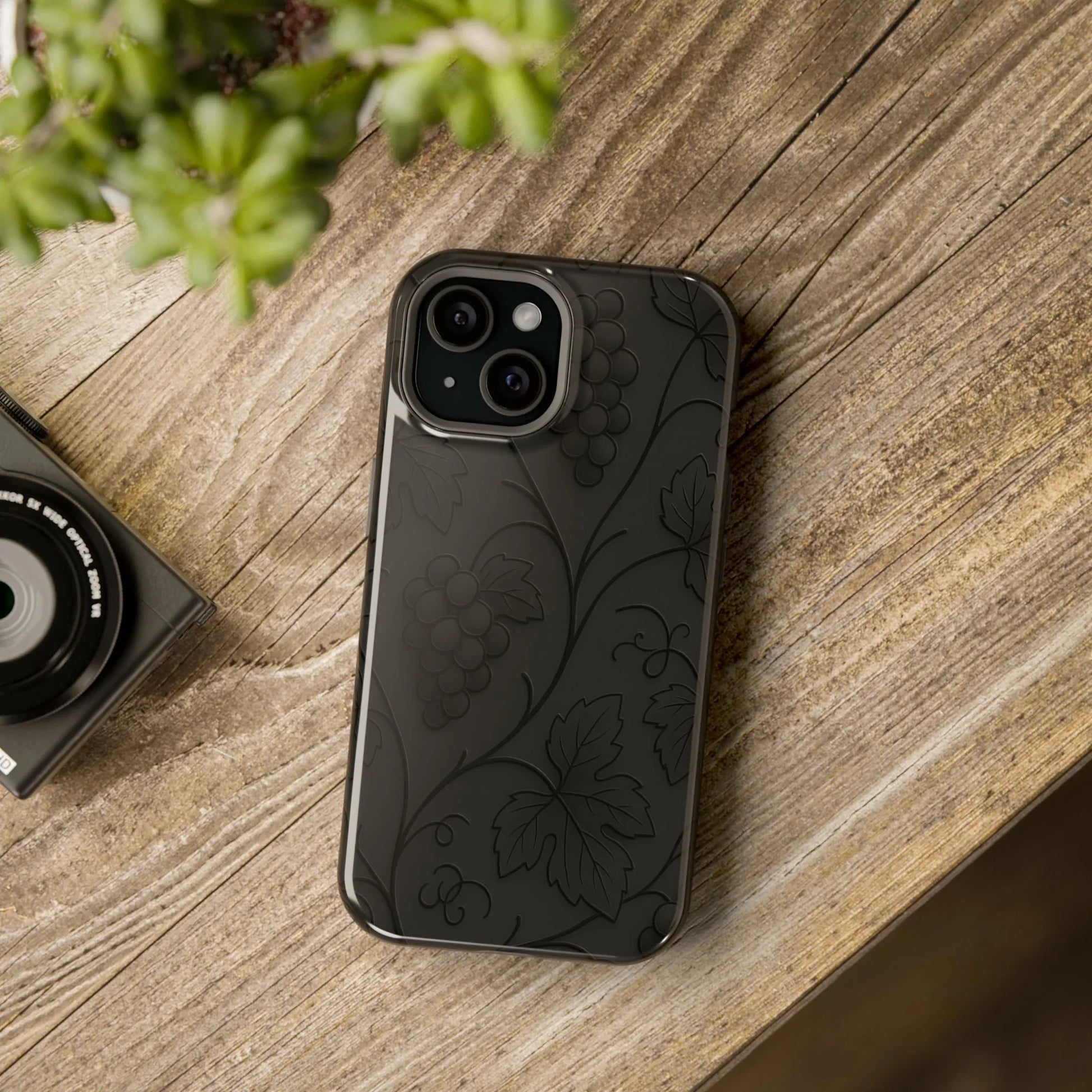 Elegant Embossed Grape Leaf Black Phone Case for iPhone and Galaxy - KARARMDESIGN