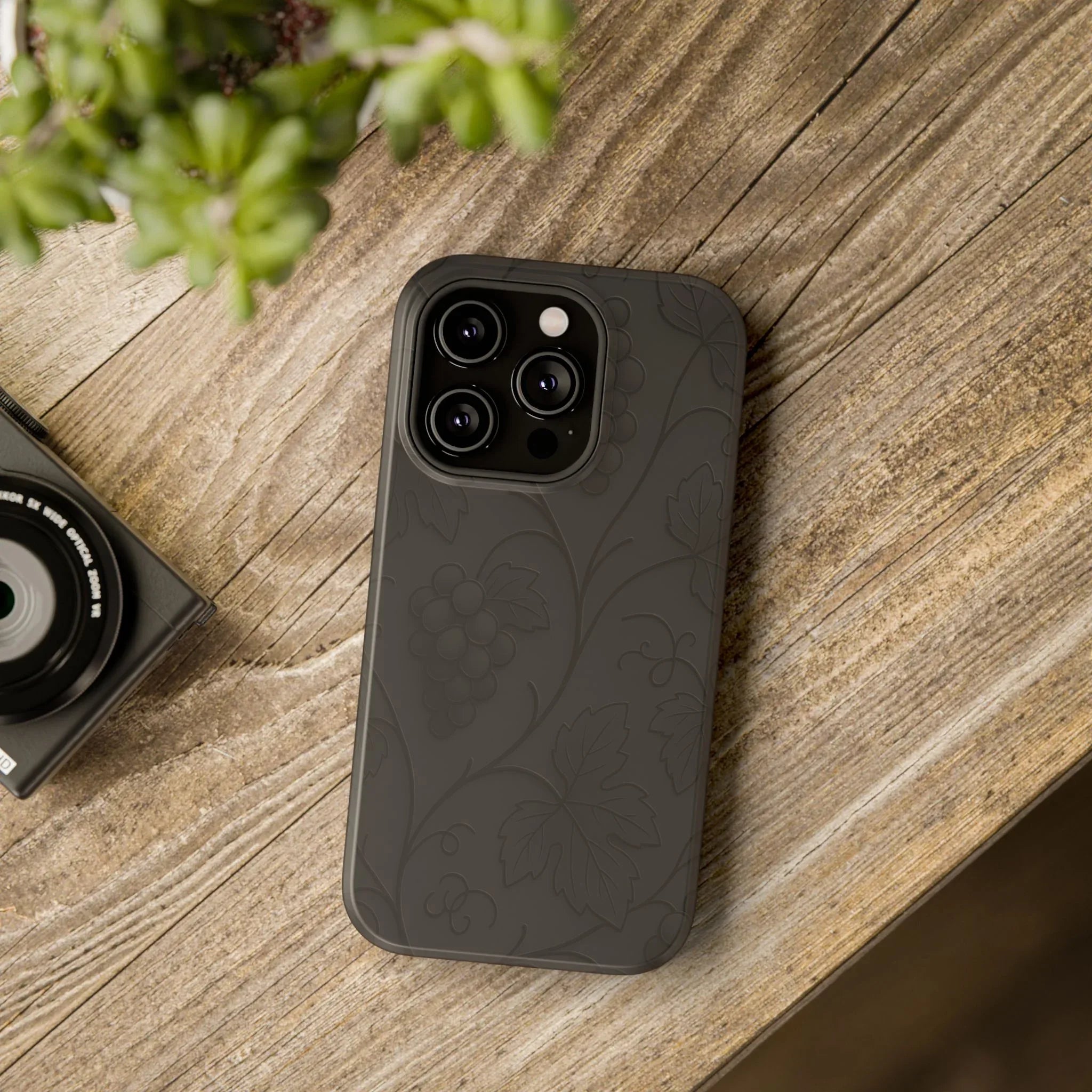 Elegant Embossed Grape Leaf Black Phone Case for iPhone and Galaxy - KARARMDESIGN