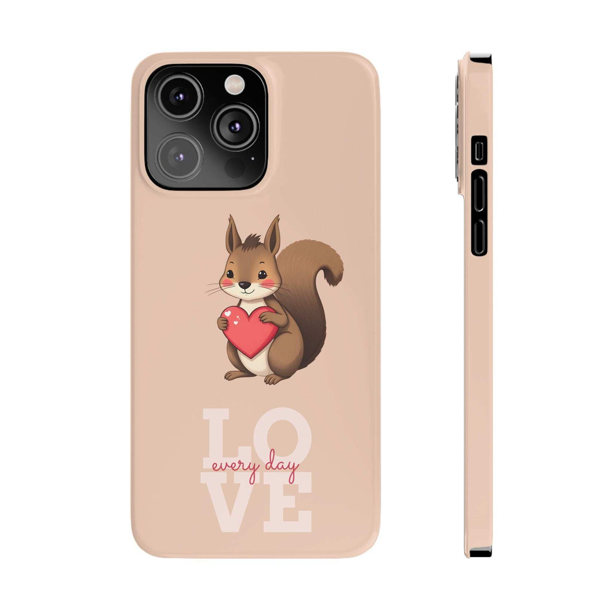 Light pink phone case front with cartoon squirrel holding a red heart and LOVE graphic