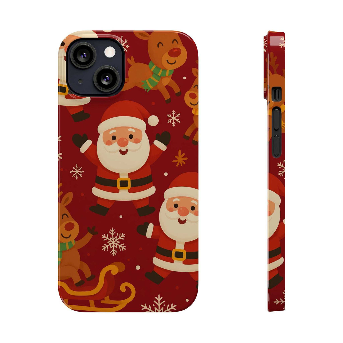 Red Santa and gingerbread iPhone case with snowflake details; front and side