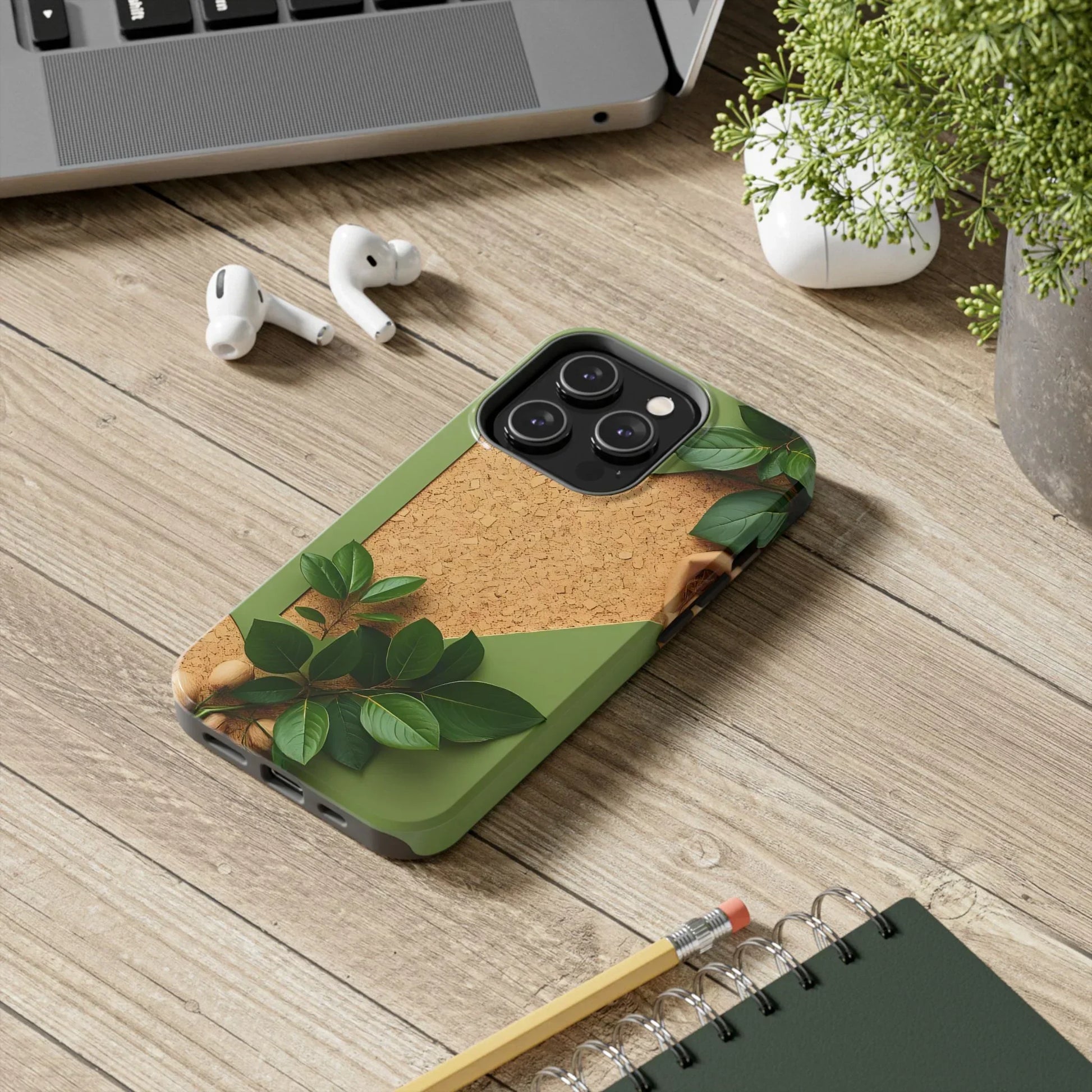 Eco-Inspired Tough Phone Case – Cork Texture with Leaf & Seed Design for iPhone 7-16 and Samsung Galaxy S21-S24 - KarArmDesign