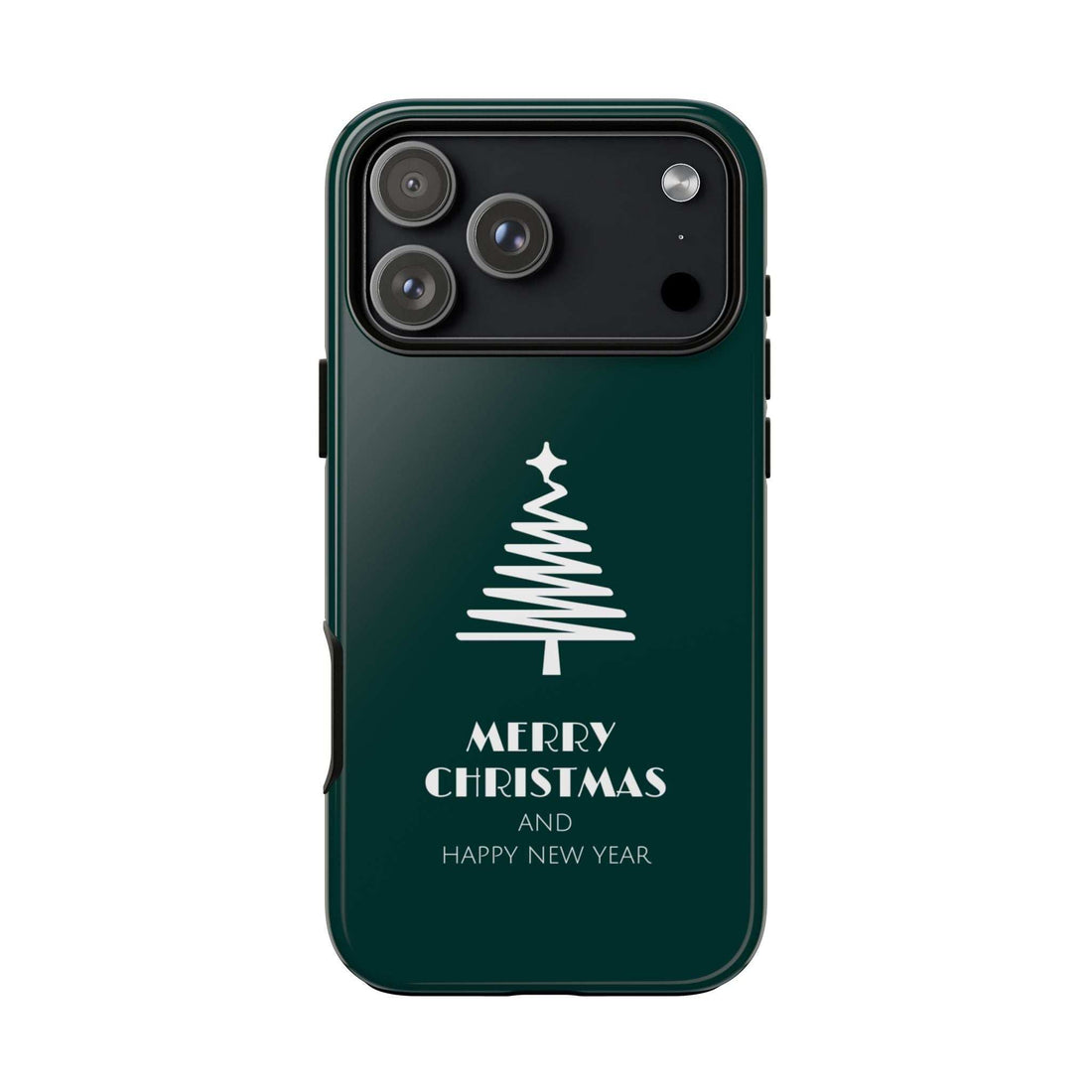 Glossy green Christmas phone case with white tree and 'Merry Christmas' text