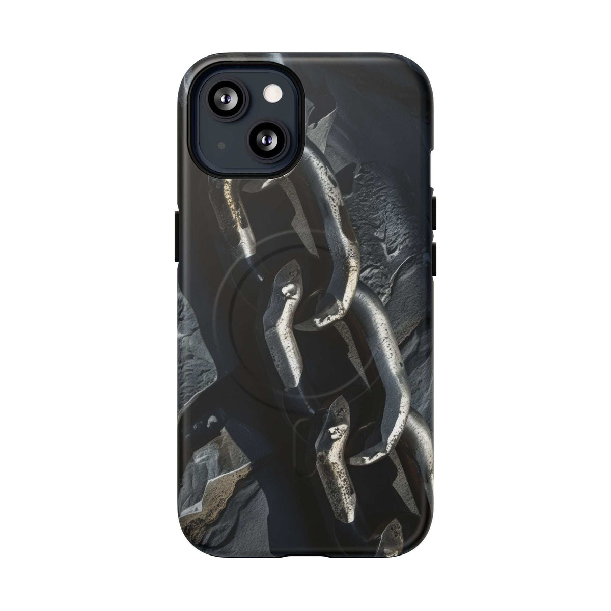 Black tough phone case with chain and metal pattern, rounded edges and camera openings