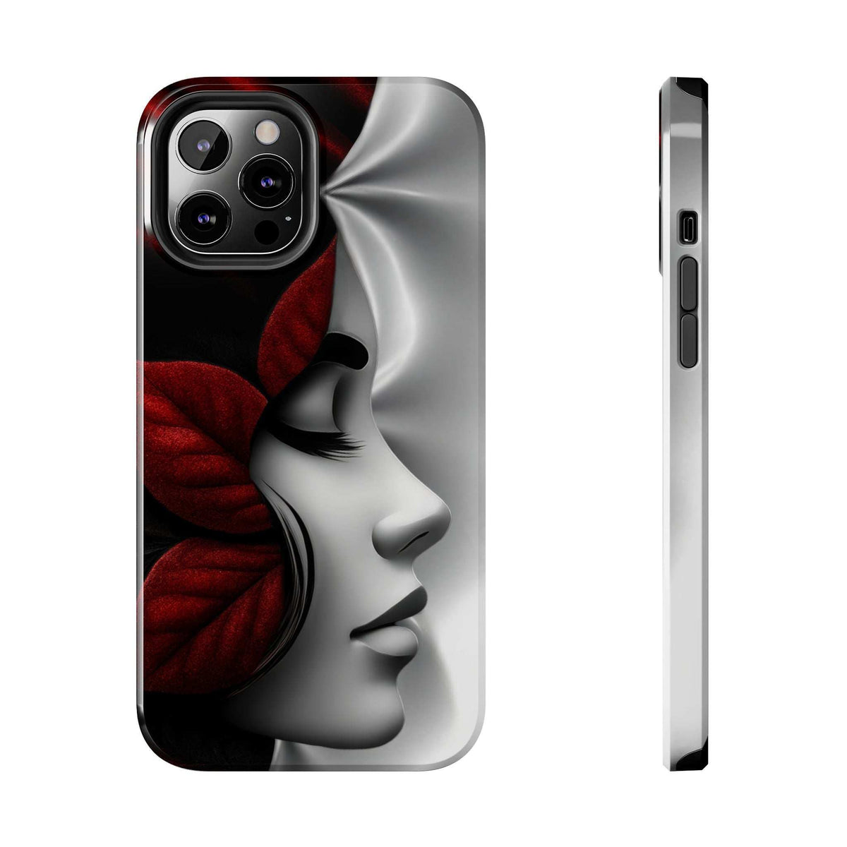 Phone case for iPhone 11-17 & Galaxy S21-S26, gray face art with red rose