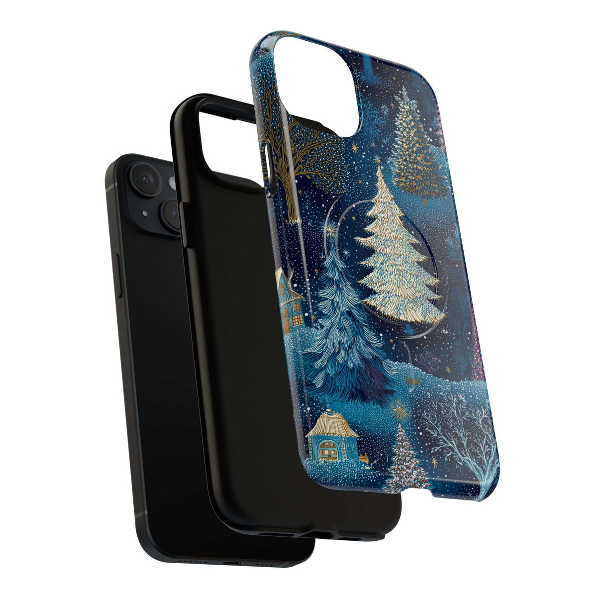Glossy blue phone case with gold evergreen tree and blue feather, starry speckled forest print