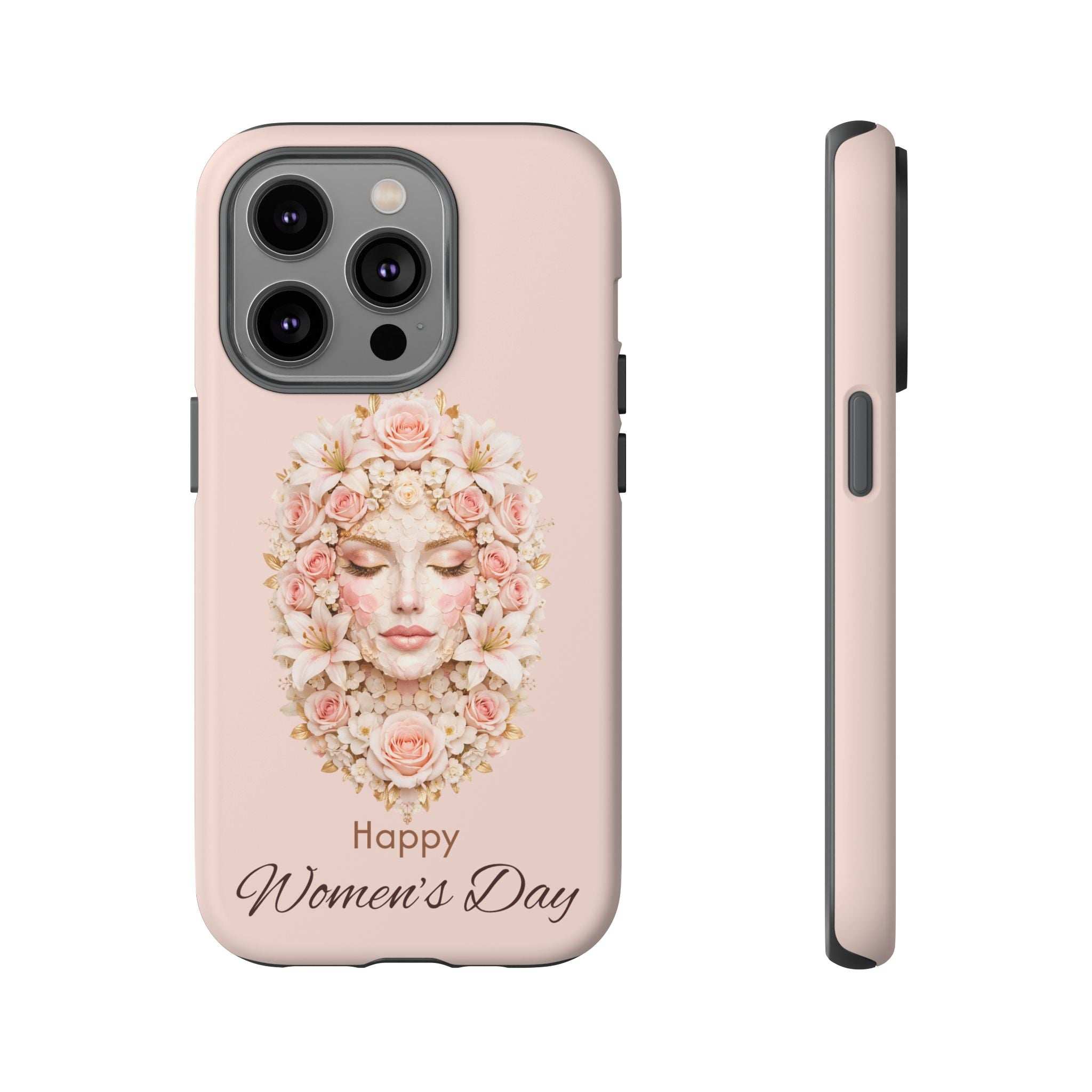 Pink phone case with floral woman portrait and “Happy Women’s Day” lettering; side buttons visible.
