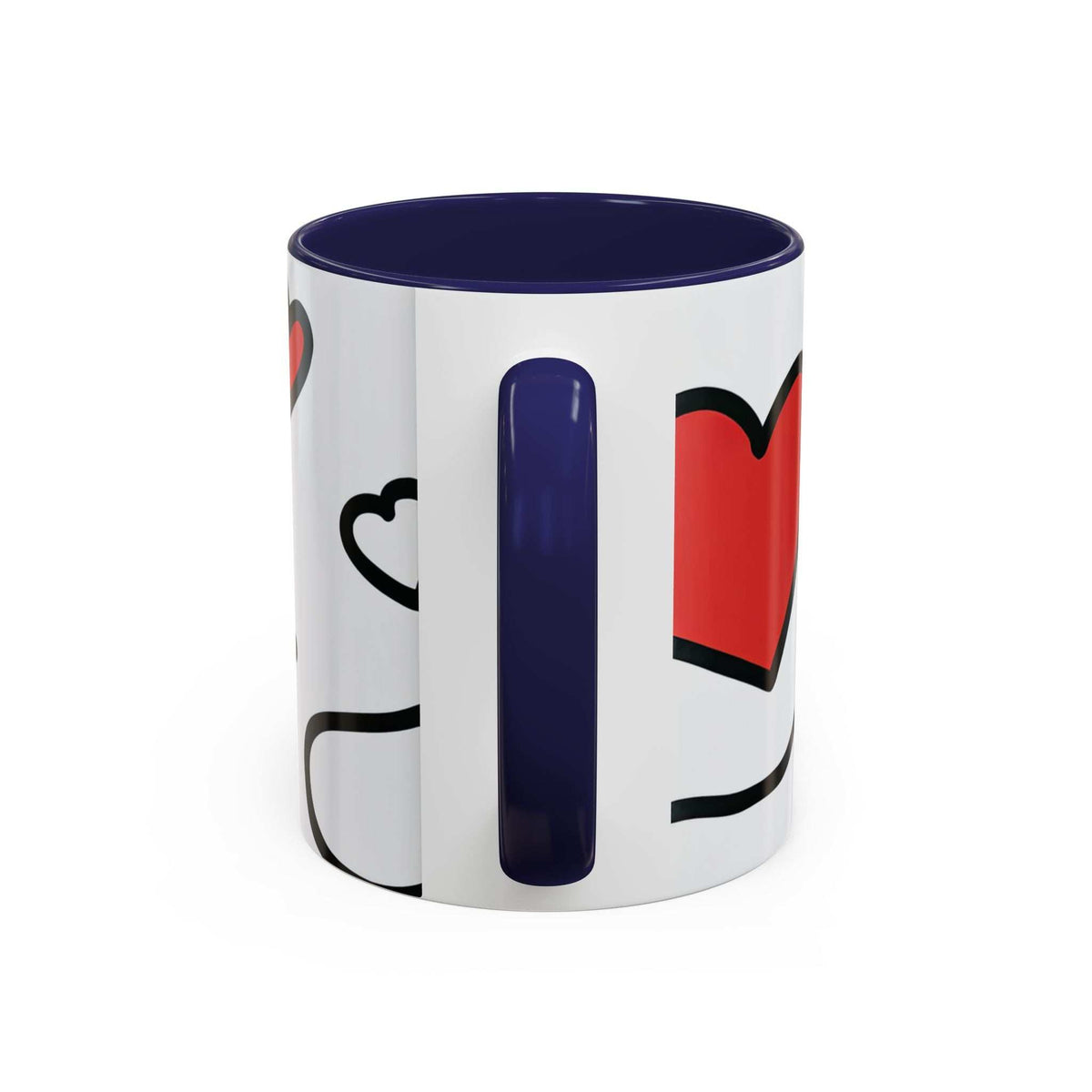 White accent coffee mug with navy rim and bold black vertical bar, red heart block