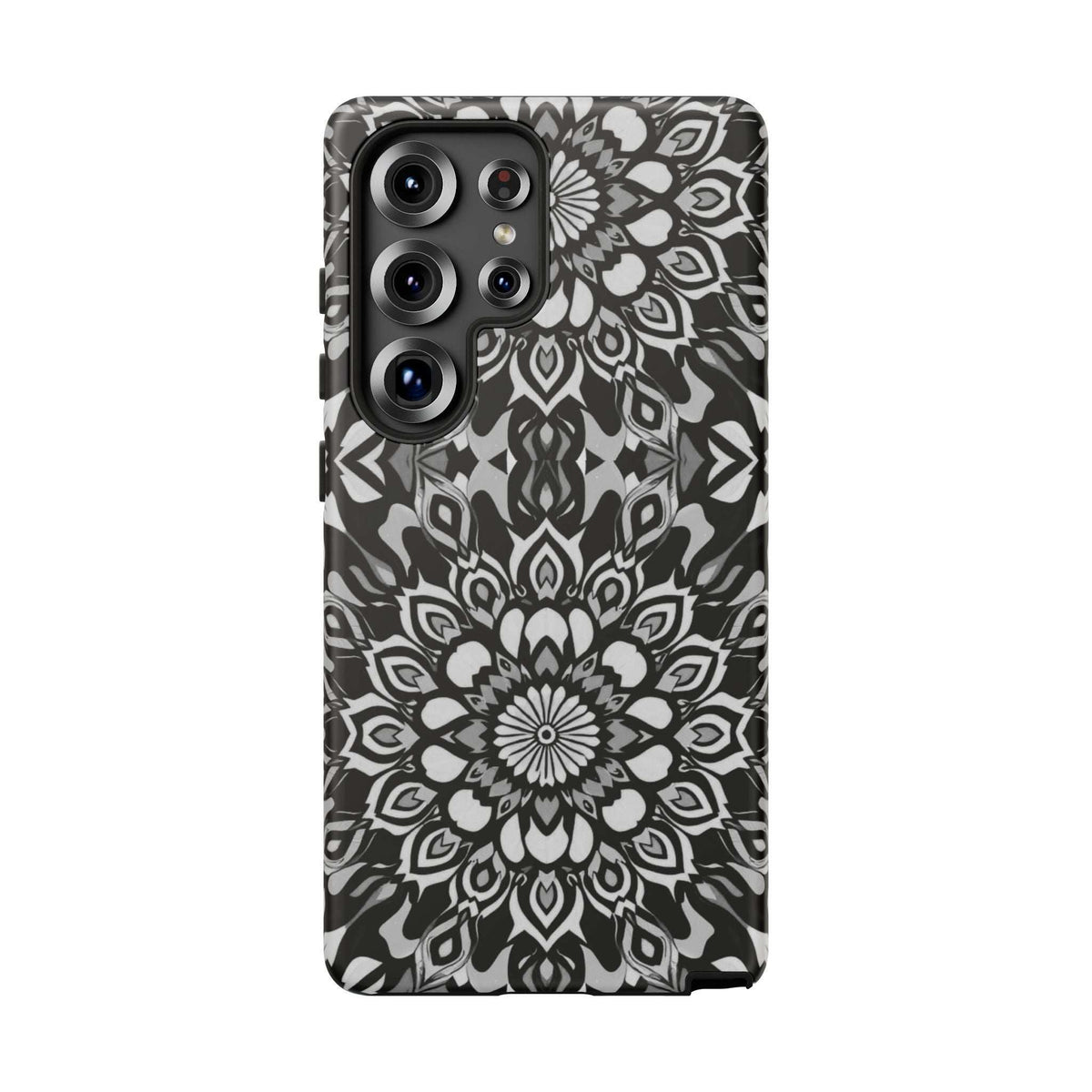 Mandala phone case with black-and-white floral mandala pattern and camera openings