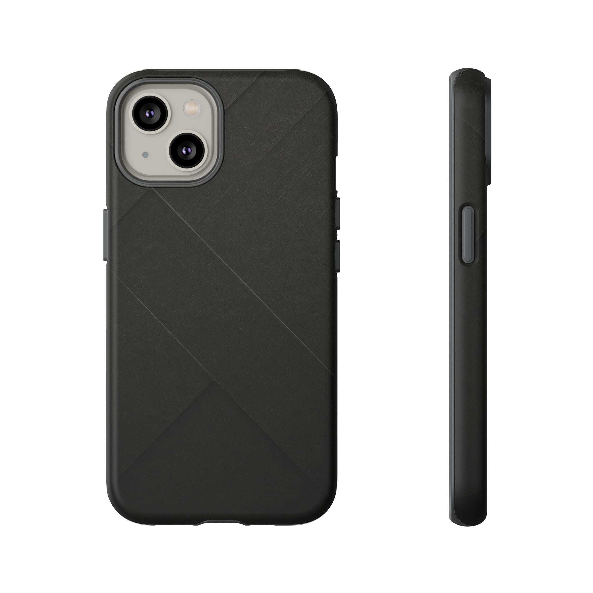 Matte black phone case with diagonal line pattern and raised dual camera cutouts