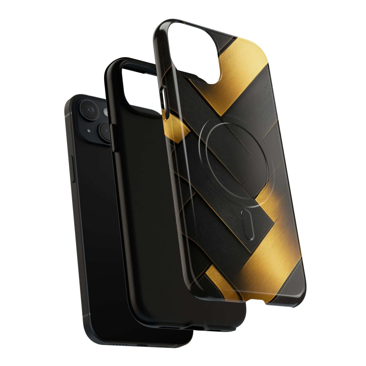 Glossy phone case showing black and gold geometric grid pattern with camera cutout detail