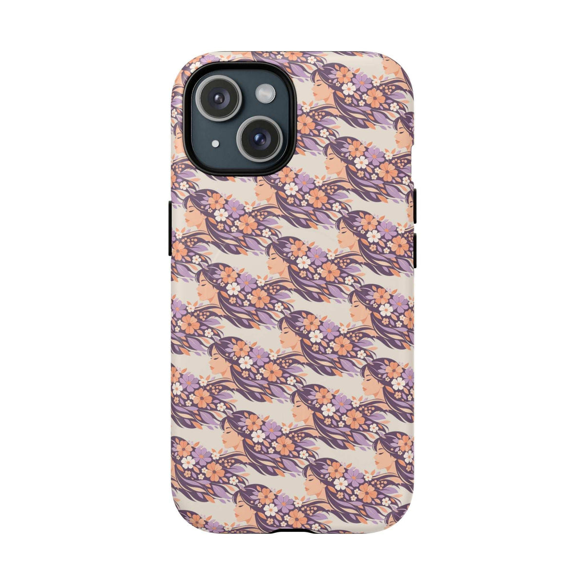 Floral iPhone 13-17 phone case with pastel pink floral pattern and rounded protective edges