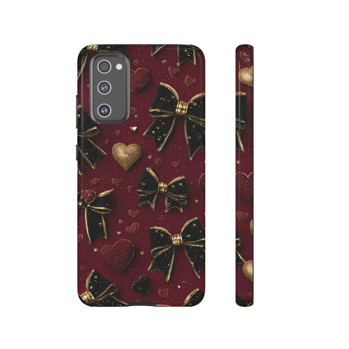 Burgundy glossy phone case with gold bow and heart pattern, front and side views