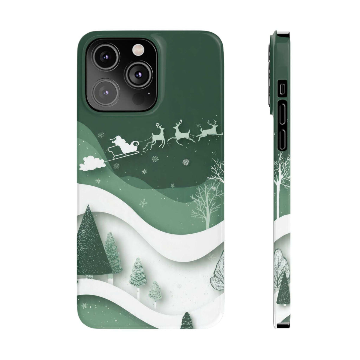 Green phone case with snowy forest design; camera cutouts and side button openings