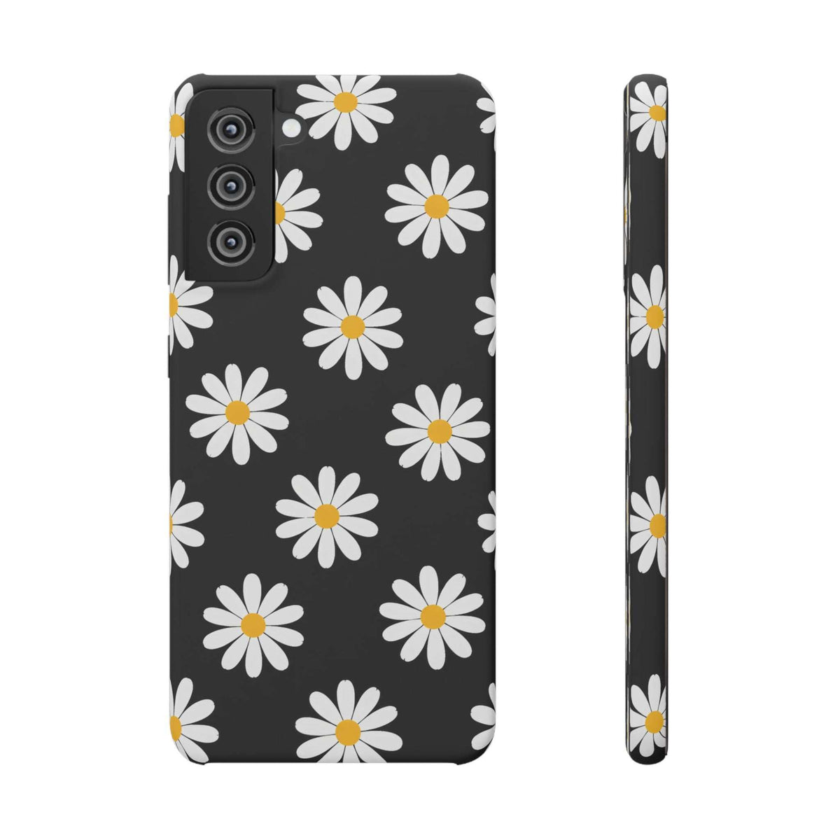 Black phone case with white daisies and yellow centers; side view shows raised edges.