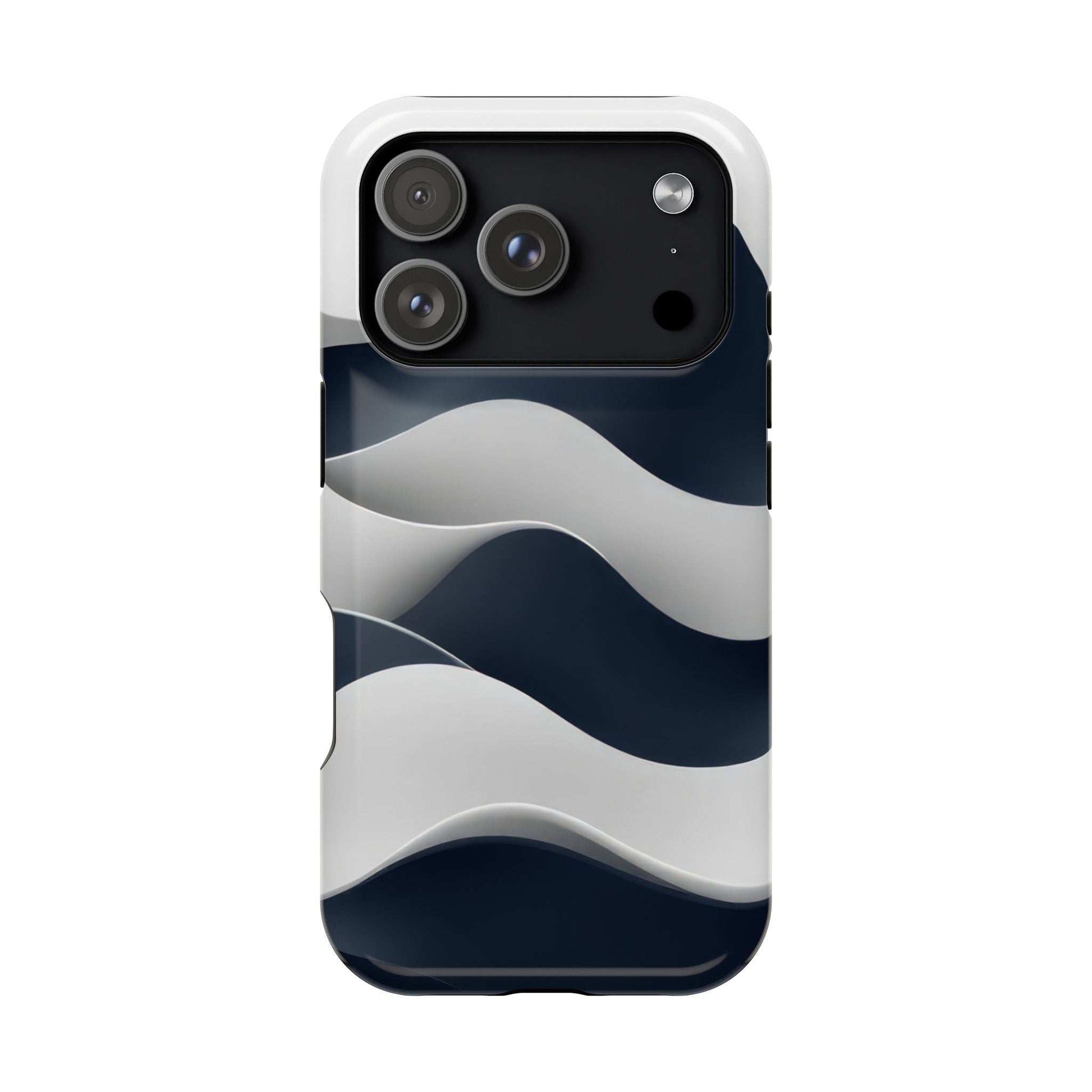 Glossy phone case with blue-and-white wave pattern and multiple camera lens cutouts