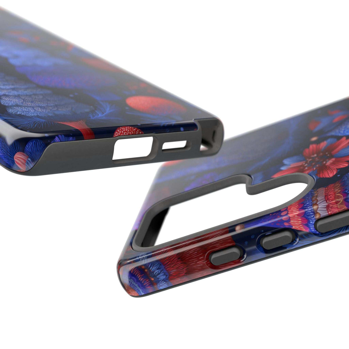 Glossy phone case edge view with open port cutouts and midnight blue forest print.