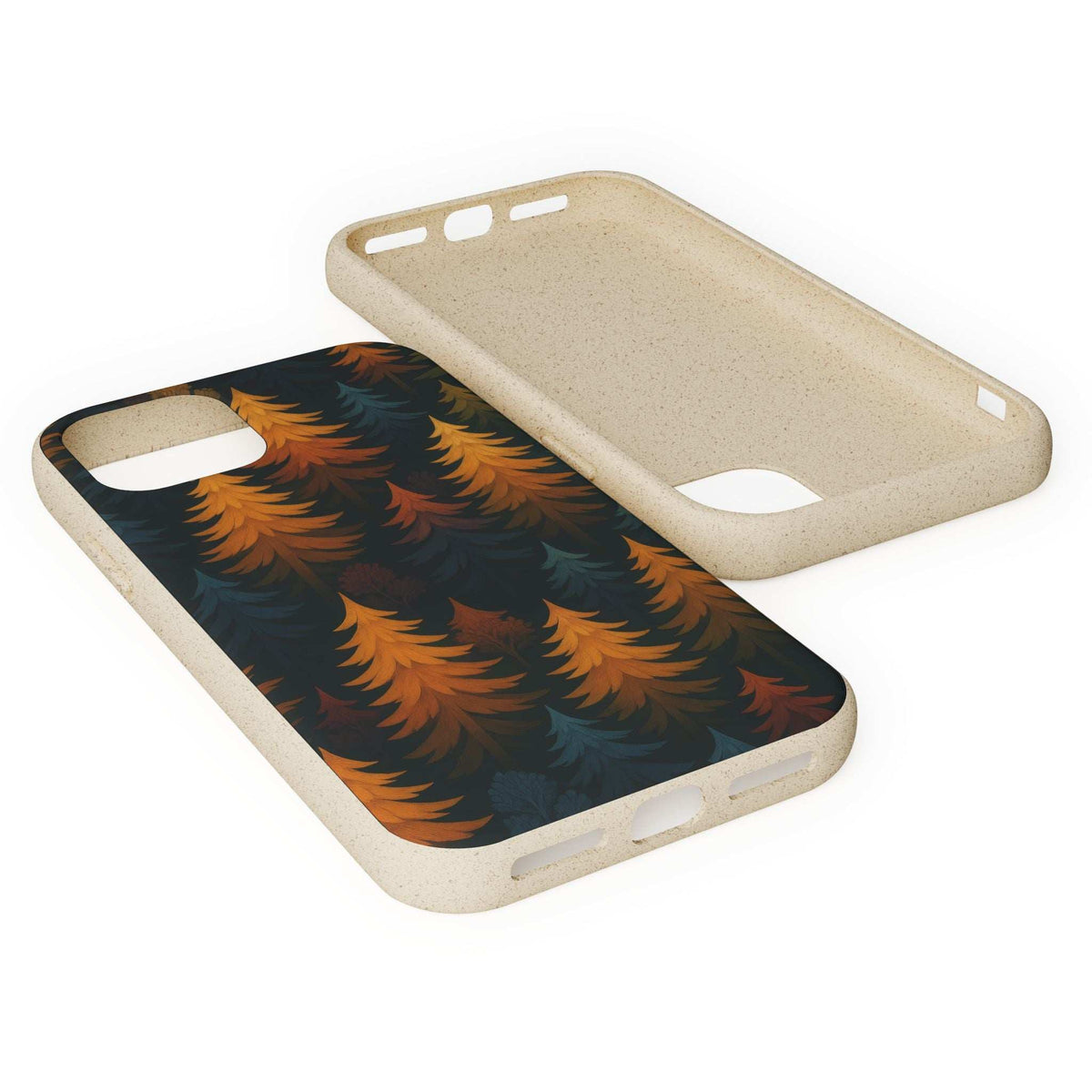 Biodegradable phone case with forest trees pattern, dark back and wheat-beige frame, cutouts