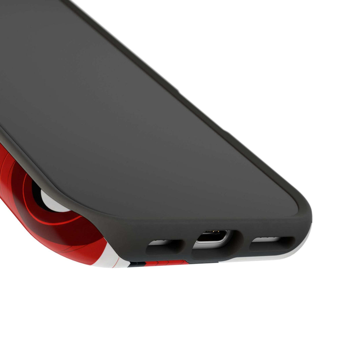 Glossy phone case bottom with speaker and charging cutouts; red/black hearts pattern