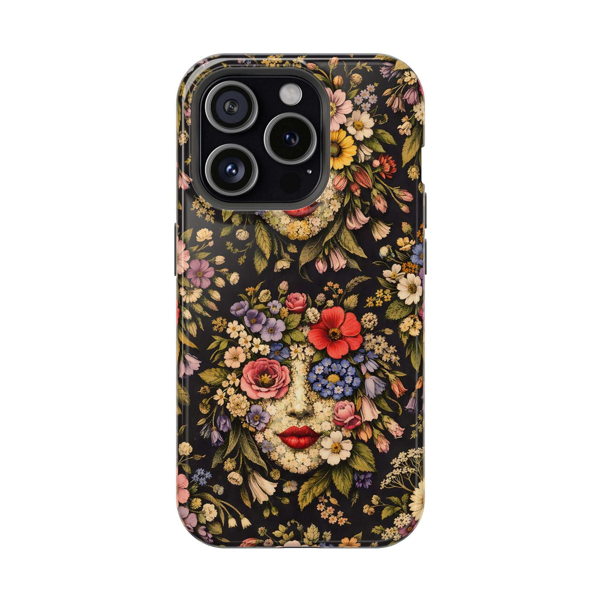 iPhone phone case with vintage floral face illustration and camera cutouts on a dark base