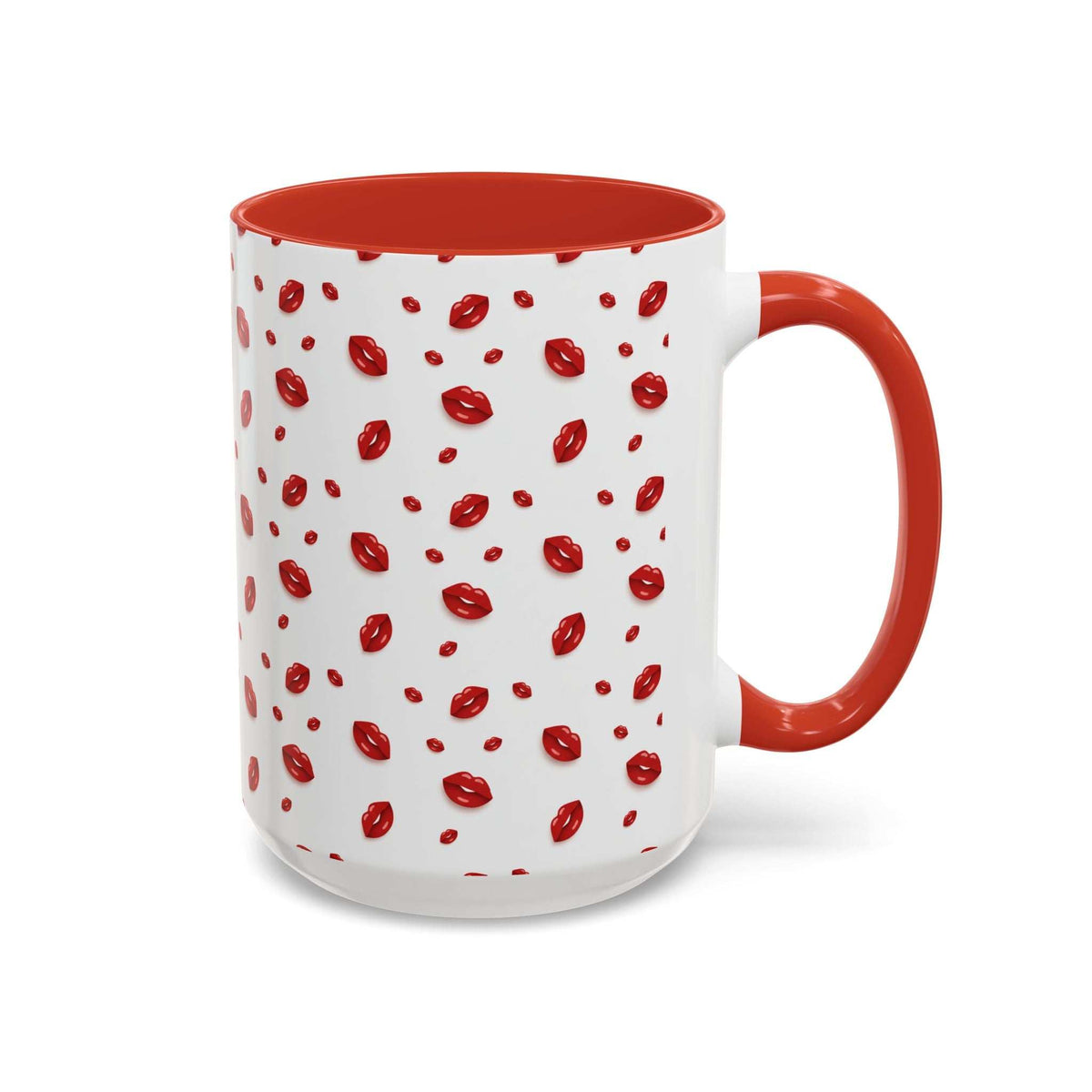 Hot lips accent coffee mug with red-orange handle and rim, white body, and red lips pattern.
