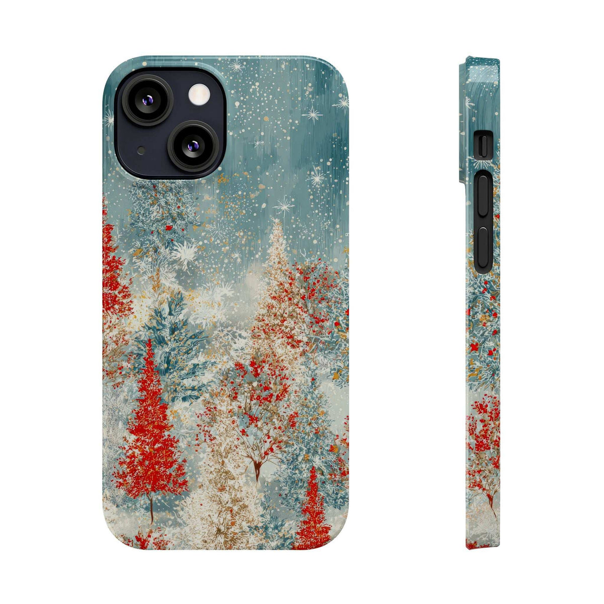 Phone case front with snowy forest pattern and teal rim; camera and button cutouts