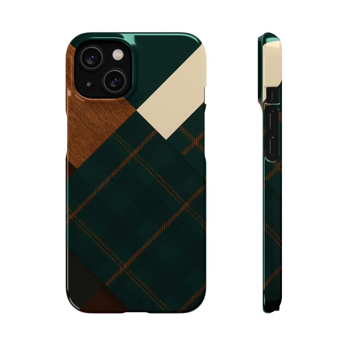 Rustic green phone case with wood inlay, beige diagonal stripe, and plaid pattern