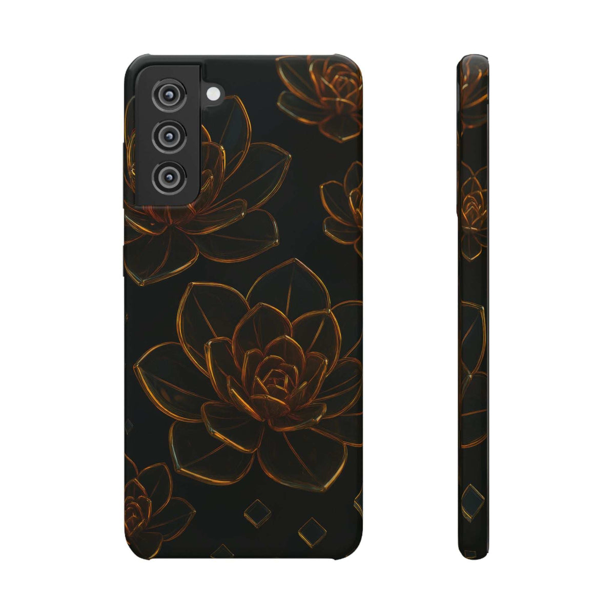 Glossy black glass phone case with gold lotus line art and slim side profile