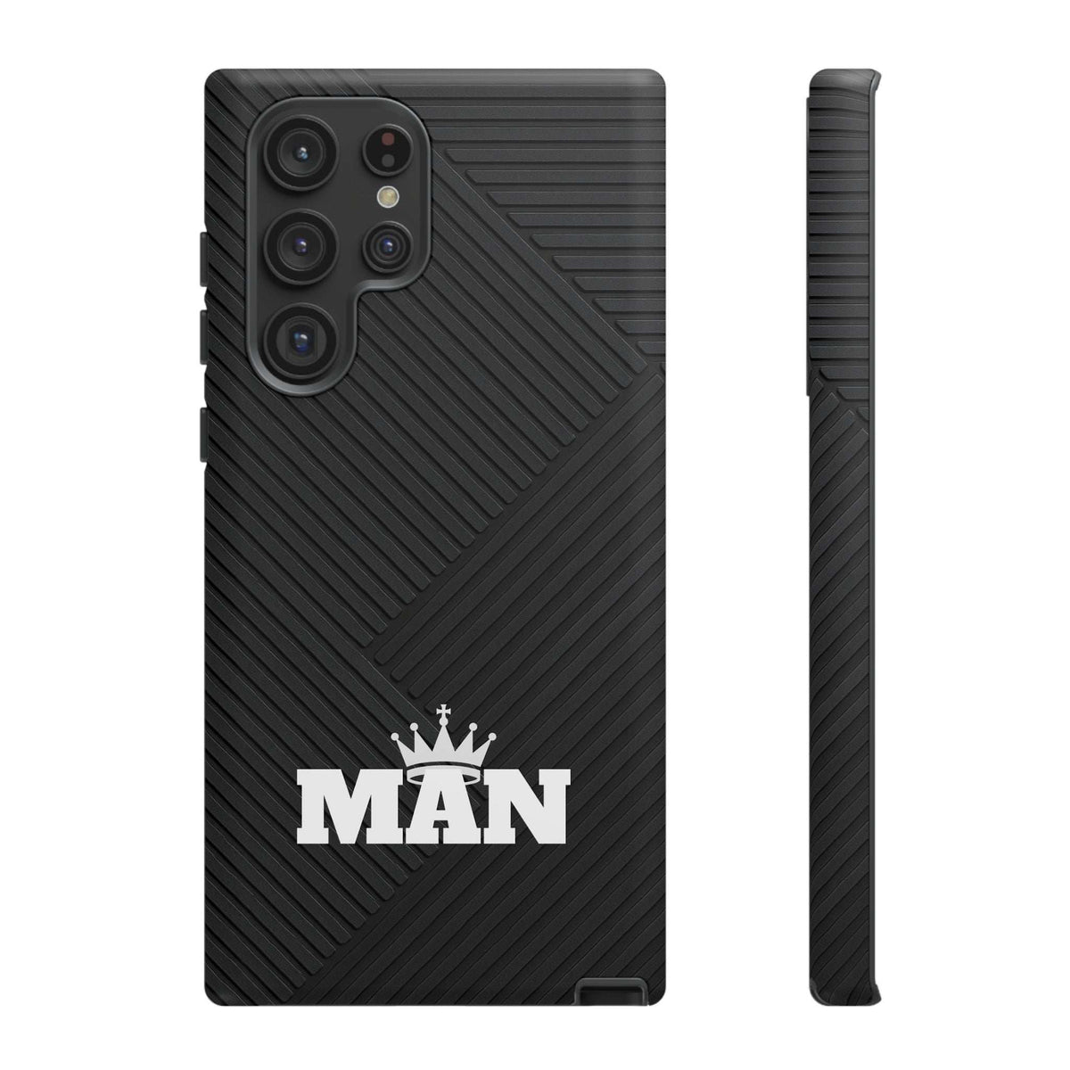 Black MAN logo phone case with embossed diagonal pattern; camera lenses and protective lip.