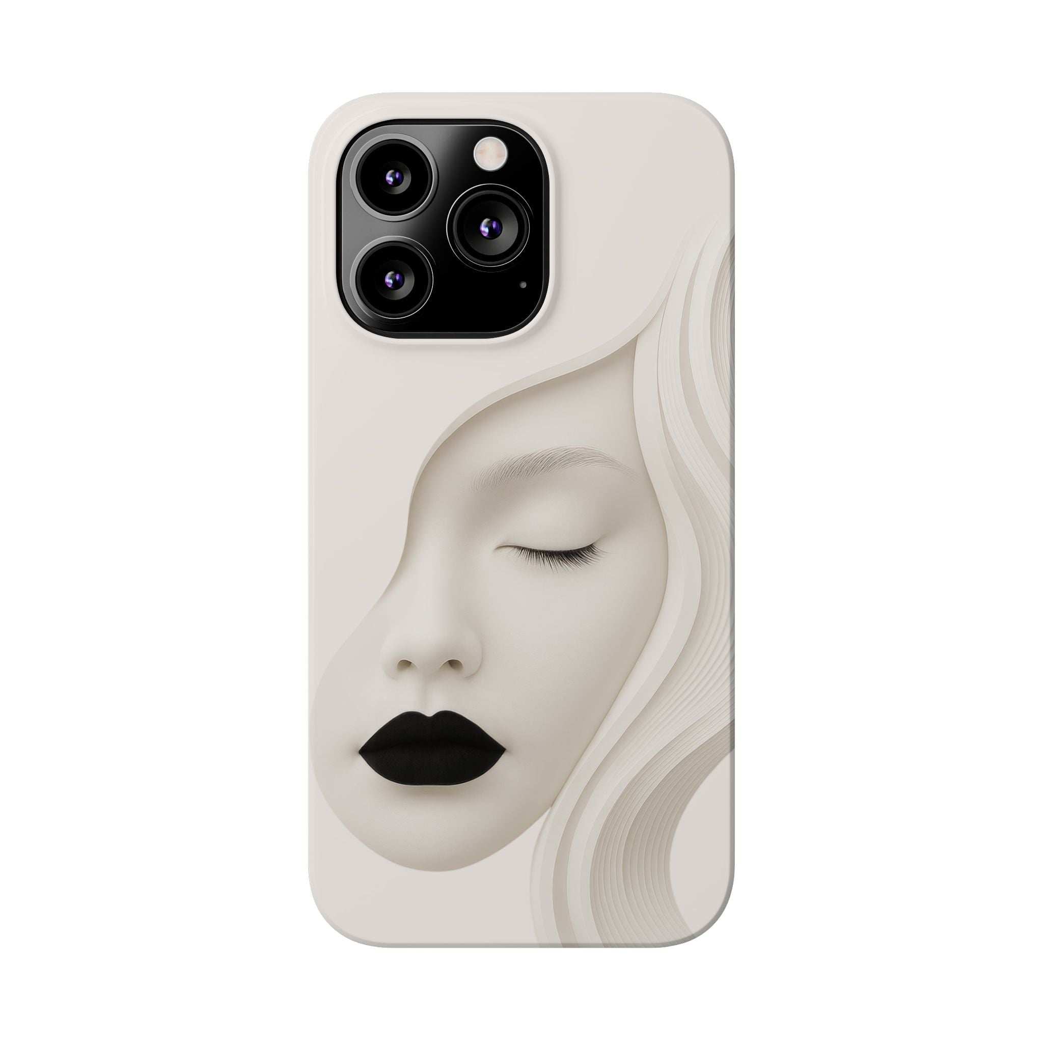 Minimalist face phone case for iPhone 11–17, beige with black lips, closed eyes, visible camera cutout.
