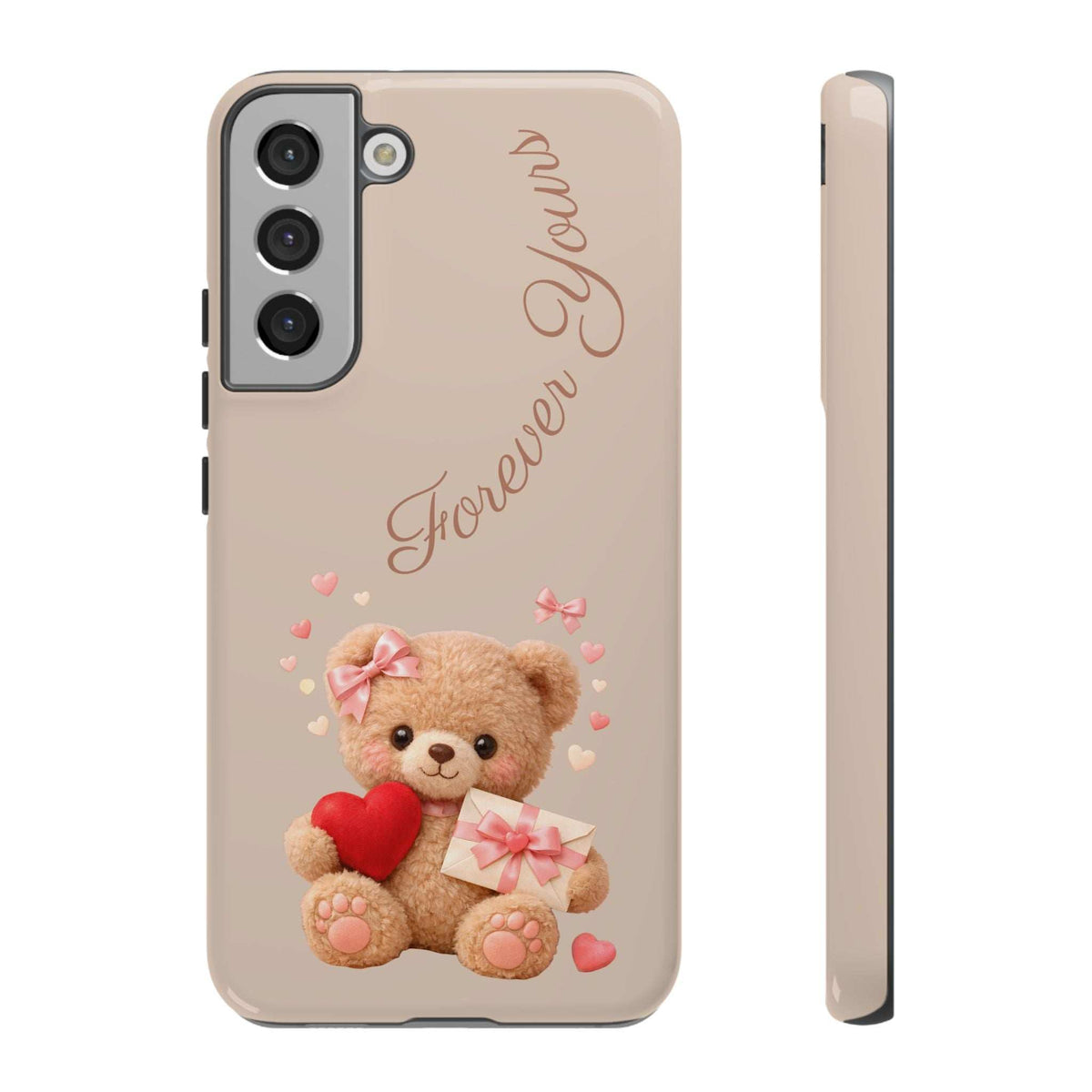 Beige phone case with teddy bear and red heart; includes thin side view, Samsung Galaxy.