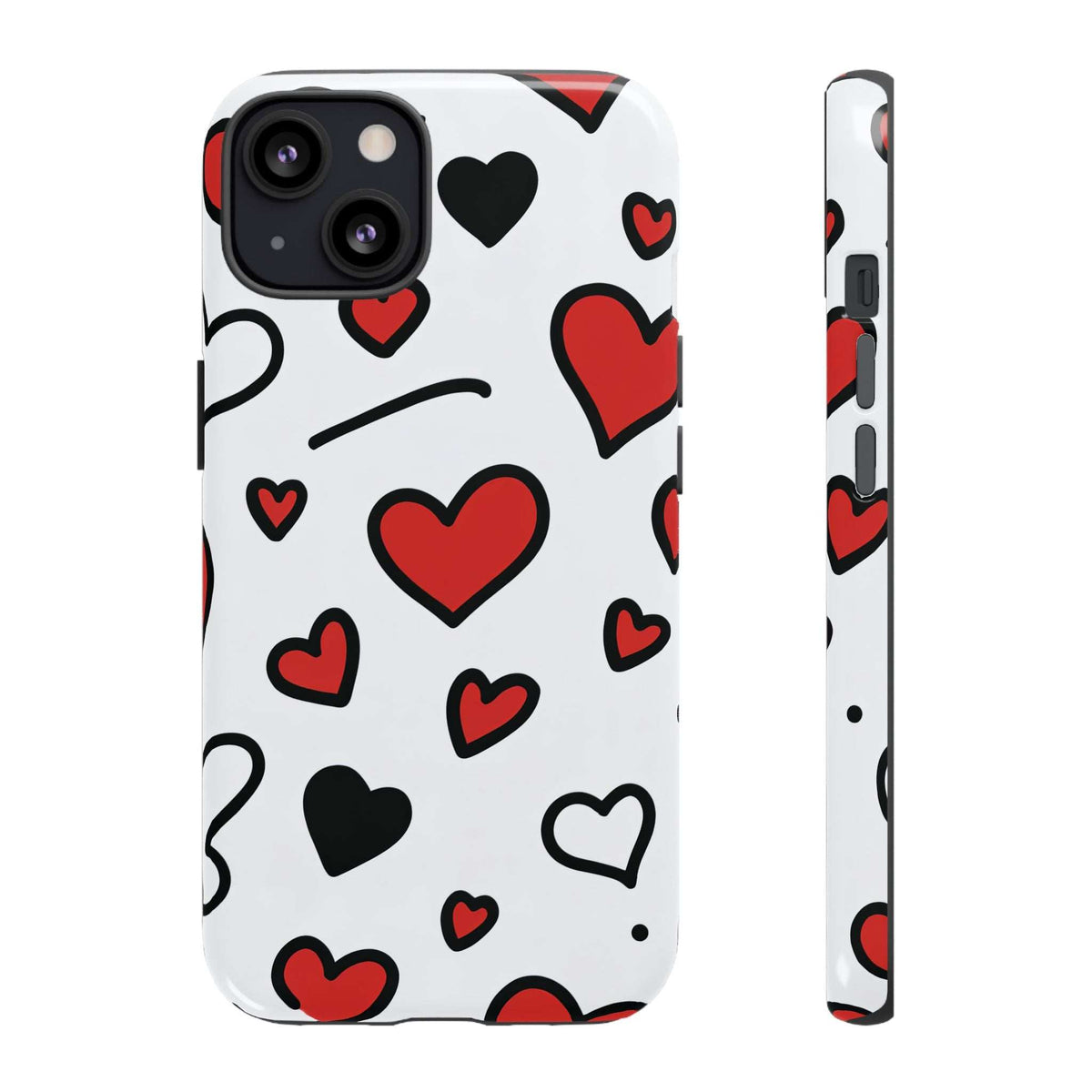 Phone case with scattered hearts in red and black on white, showing camera area.