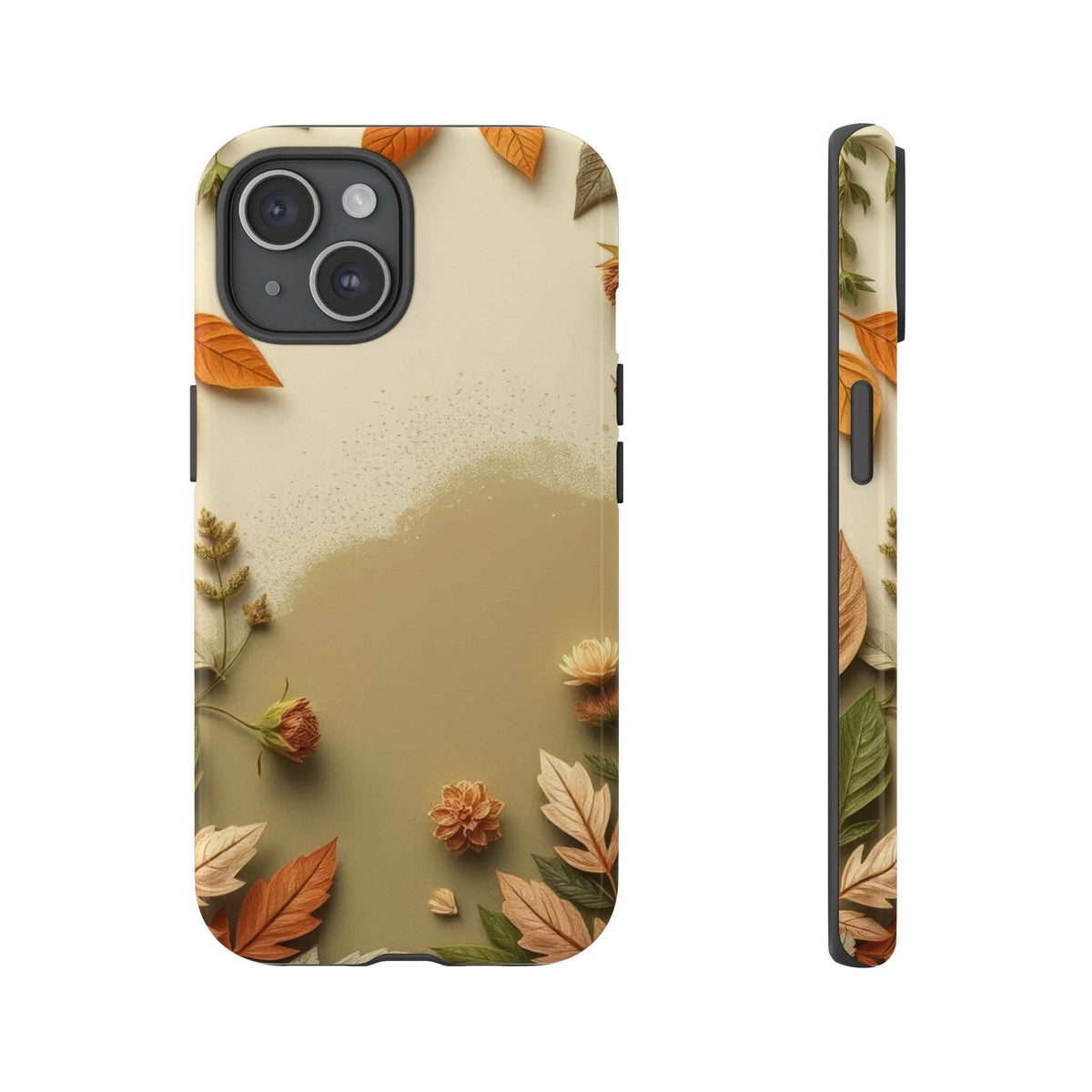 Autumn leaves phone case with beige leaf pattern; dark gray camera cutouts