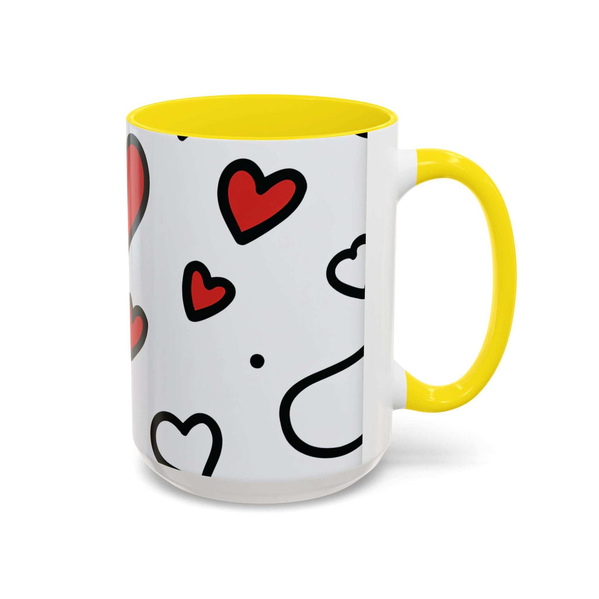 White ceramic mug with yellow rim and handle, red hearts and black lips icon print