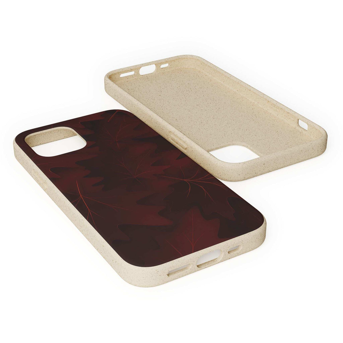 Phone case showing light tan back with window cutouts and maroon leaf pattern panel