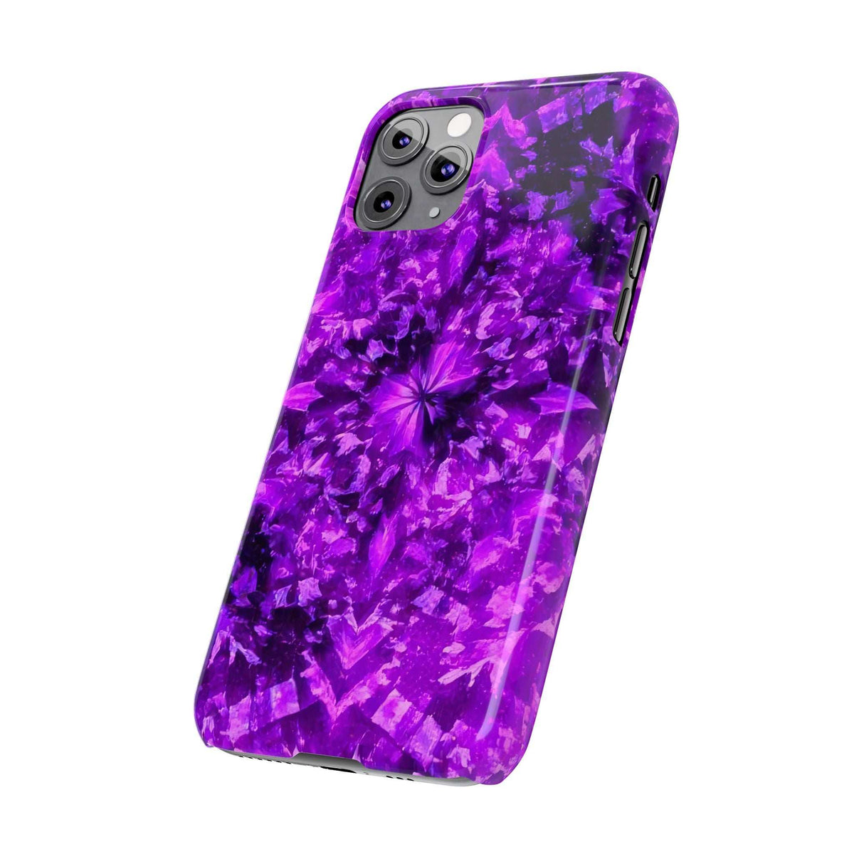 Purple kaleidoscope phone case angled view with camera cutouts
