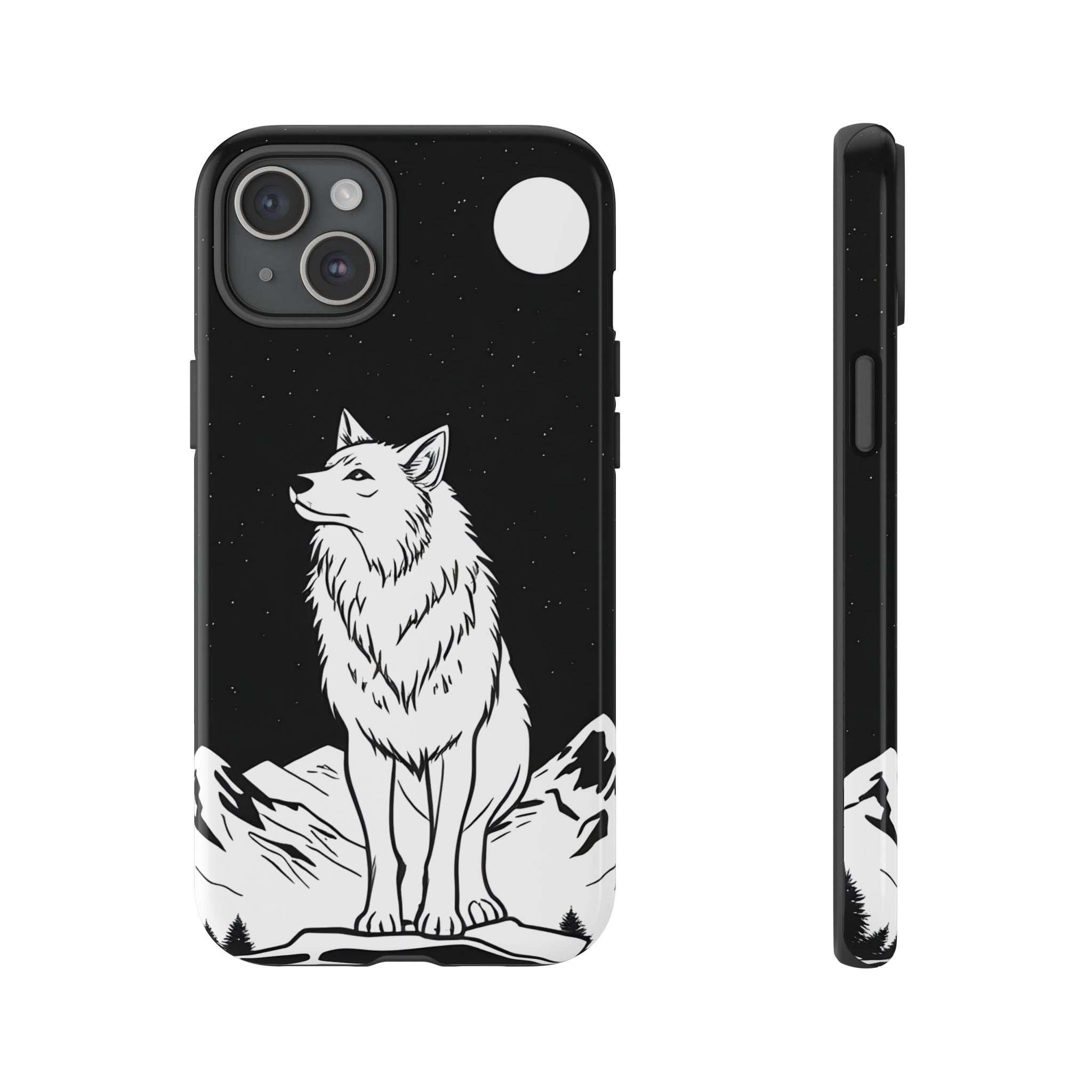 Black phone case with white wolf graphic, starry speckles, camera cutouts, side view