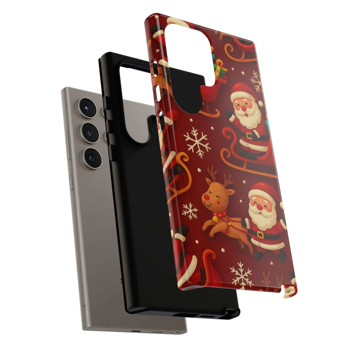 Glossy red phone case with Santa and reindeer print, camera cutout and opening