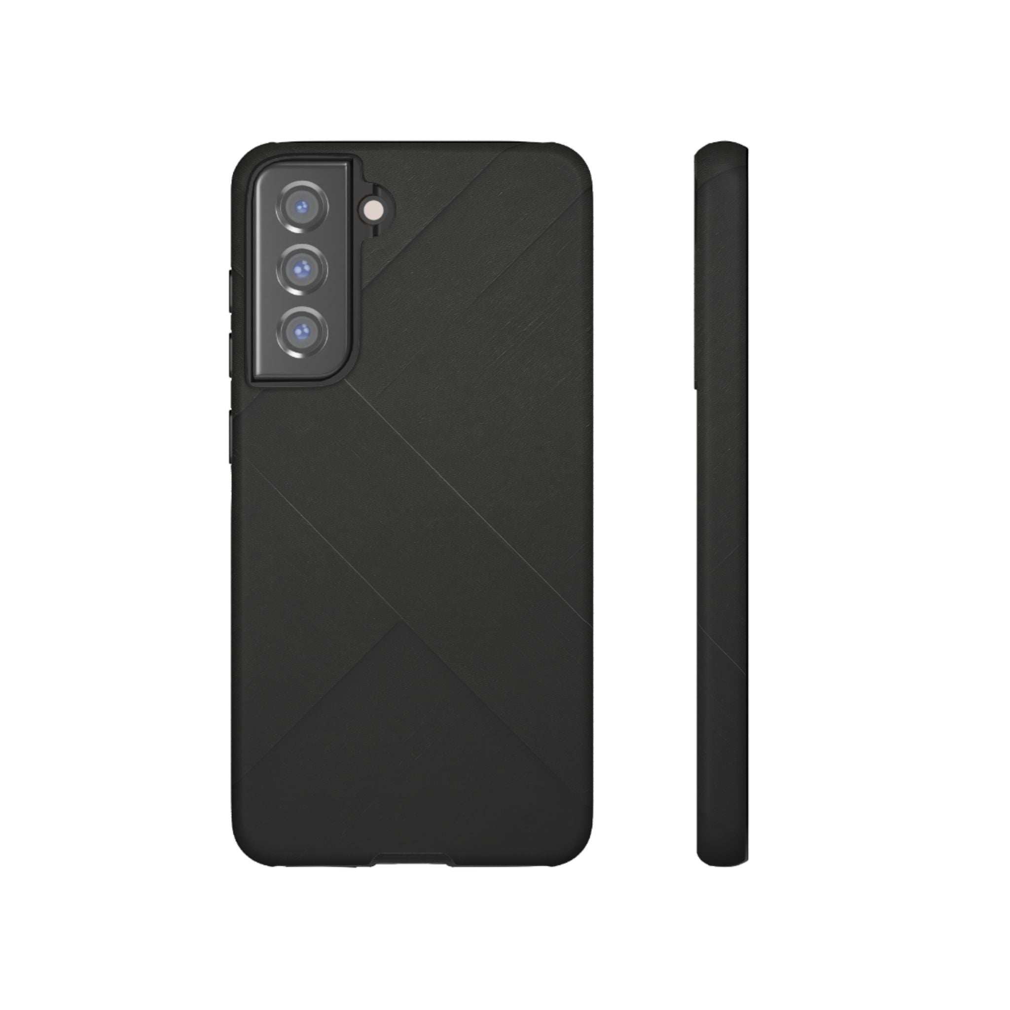 Matte black phone case, back and side view; diagonal lines with camera opening.