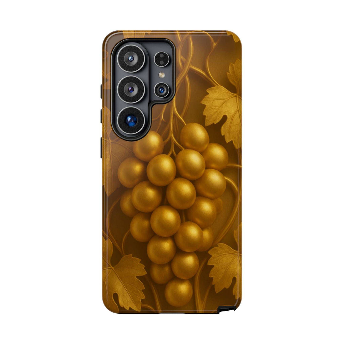 Tough phone case with golden grape cluster and leaf pattern, brown and gold, camera cutout