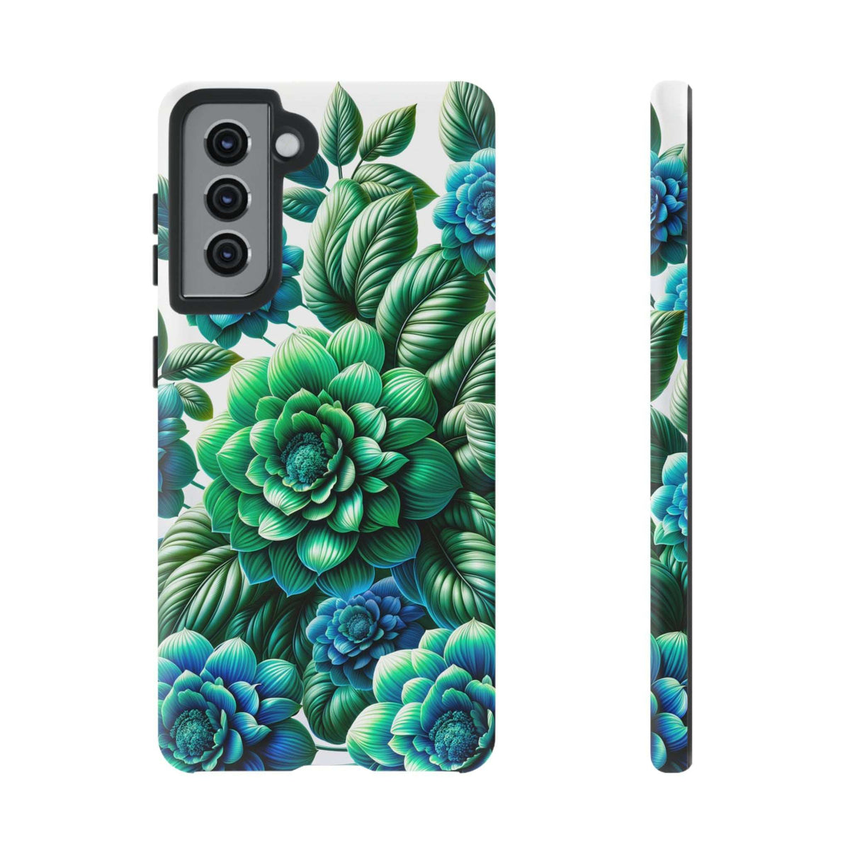 Green and blue floral phone case with camera lens openings and blue blossoms at bottom